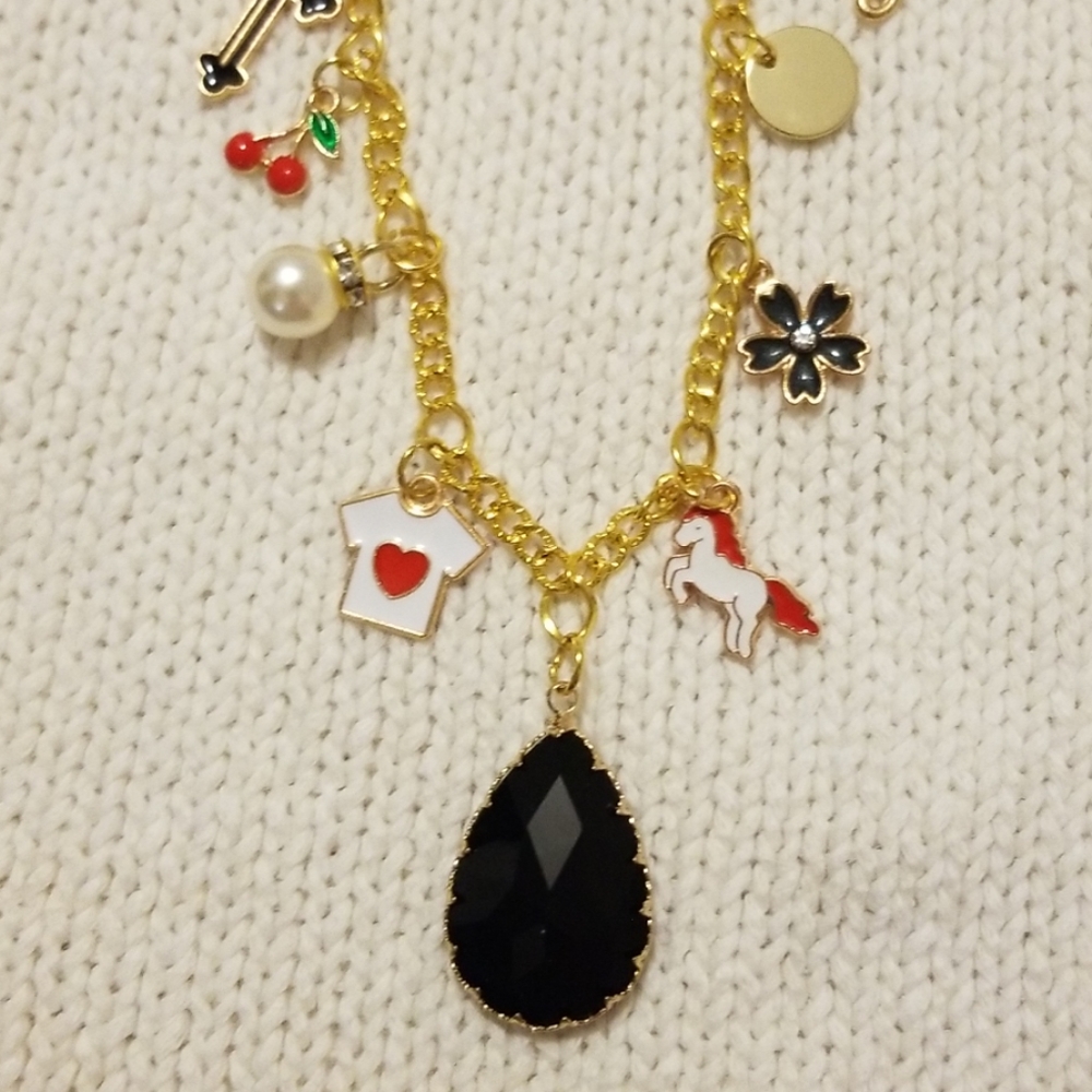 Gold Plated Enameled Charm, Charm Necklace
